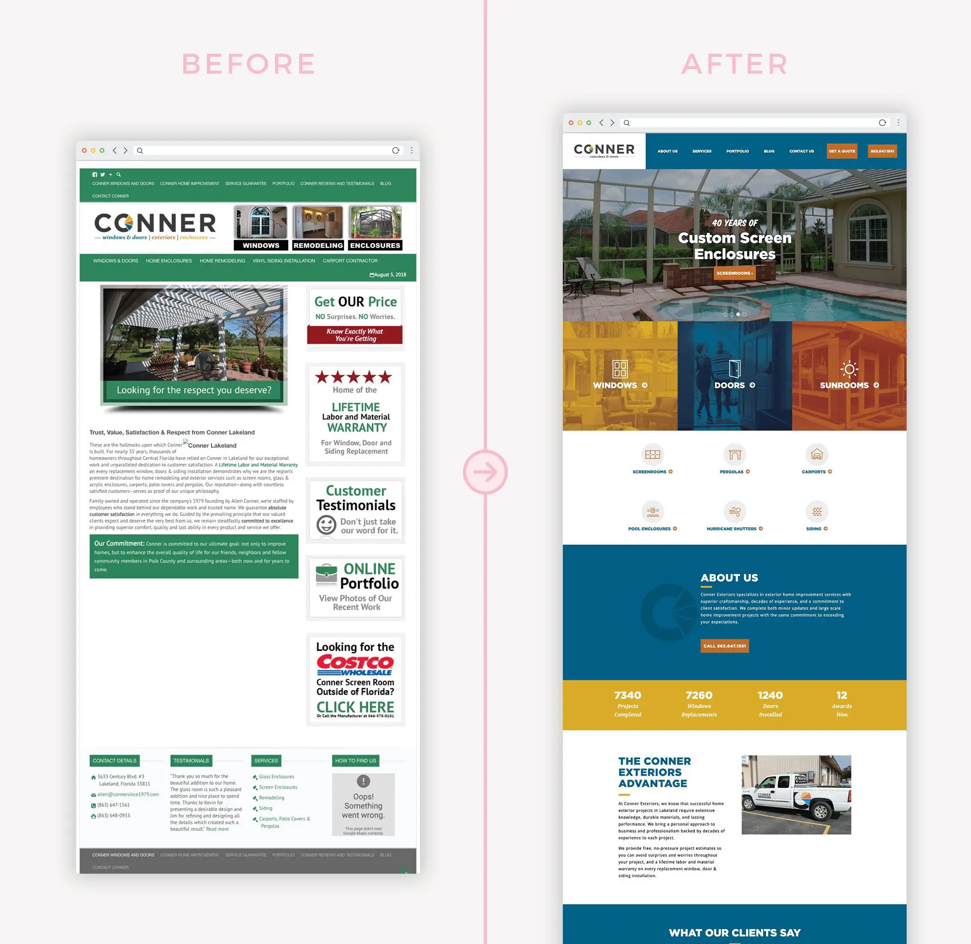 Before and after image of website